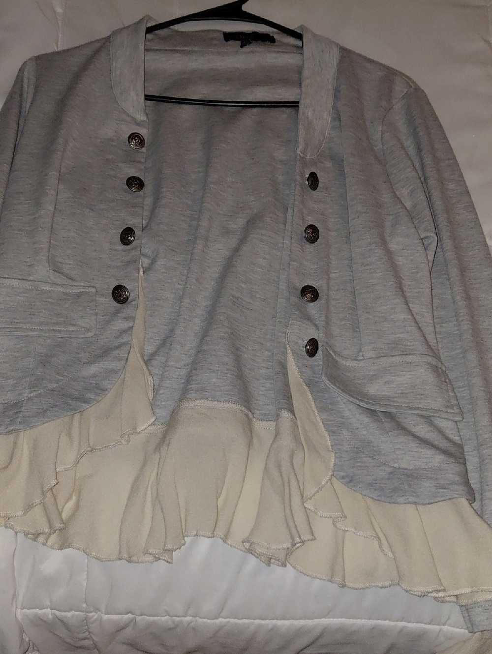 Light Gray Button-Front Cardigan with Cream Ruffle Hem